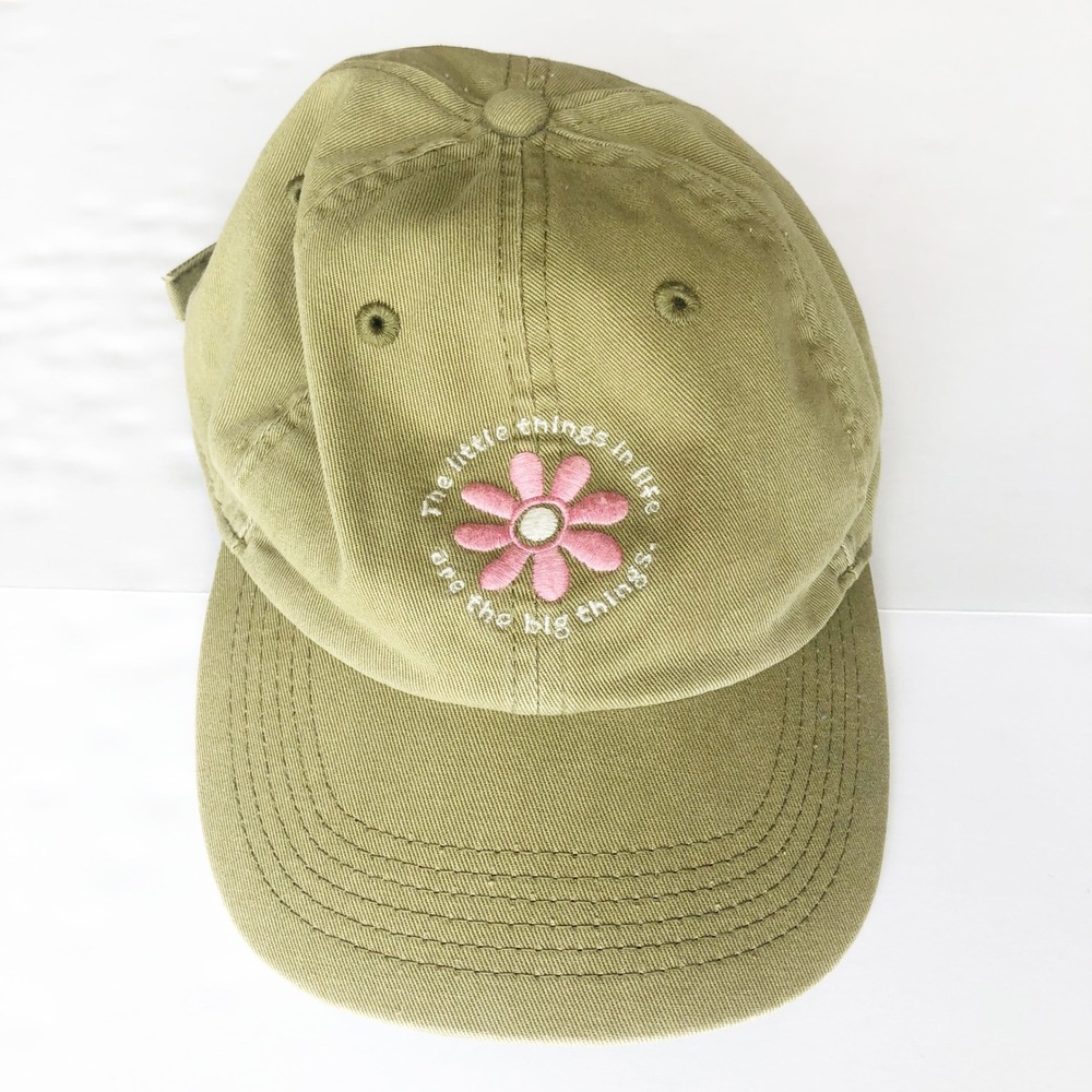 Life is Good Hat Womens Olive Green Daisy Flower Embroidered Baseball Cap